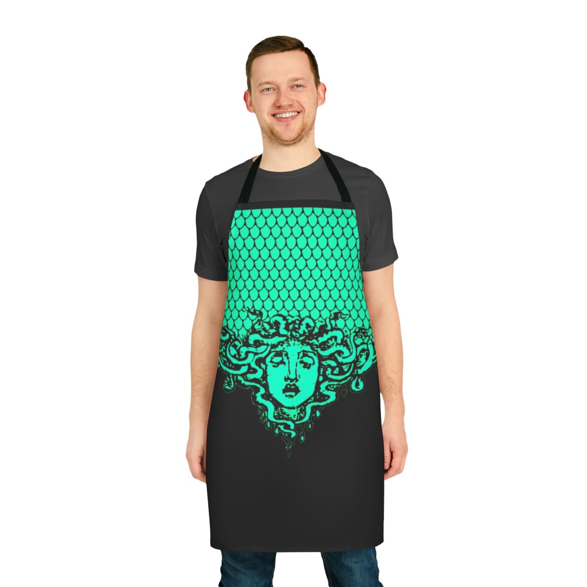 Black apron featuring the aegis armor design from Greek mythology