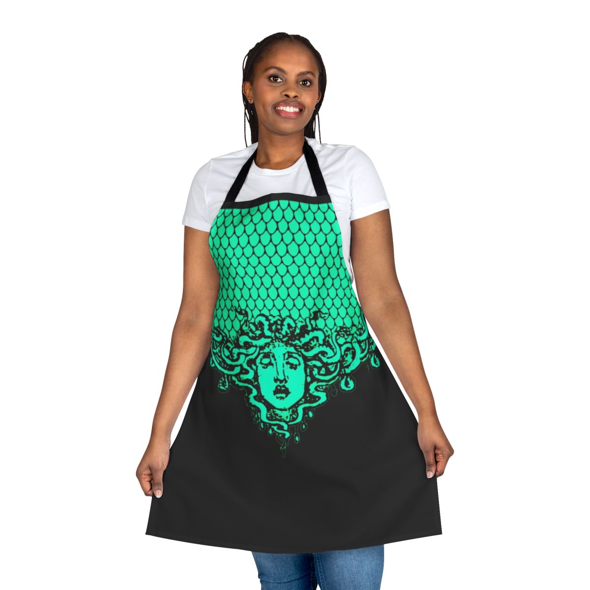 Black apron featuring the aegis armor design from Greek mythology