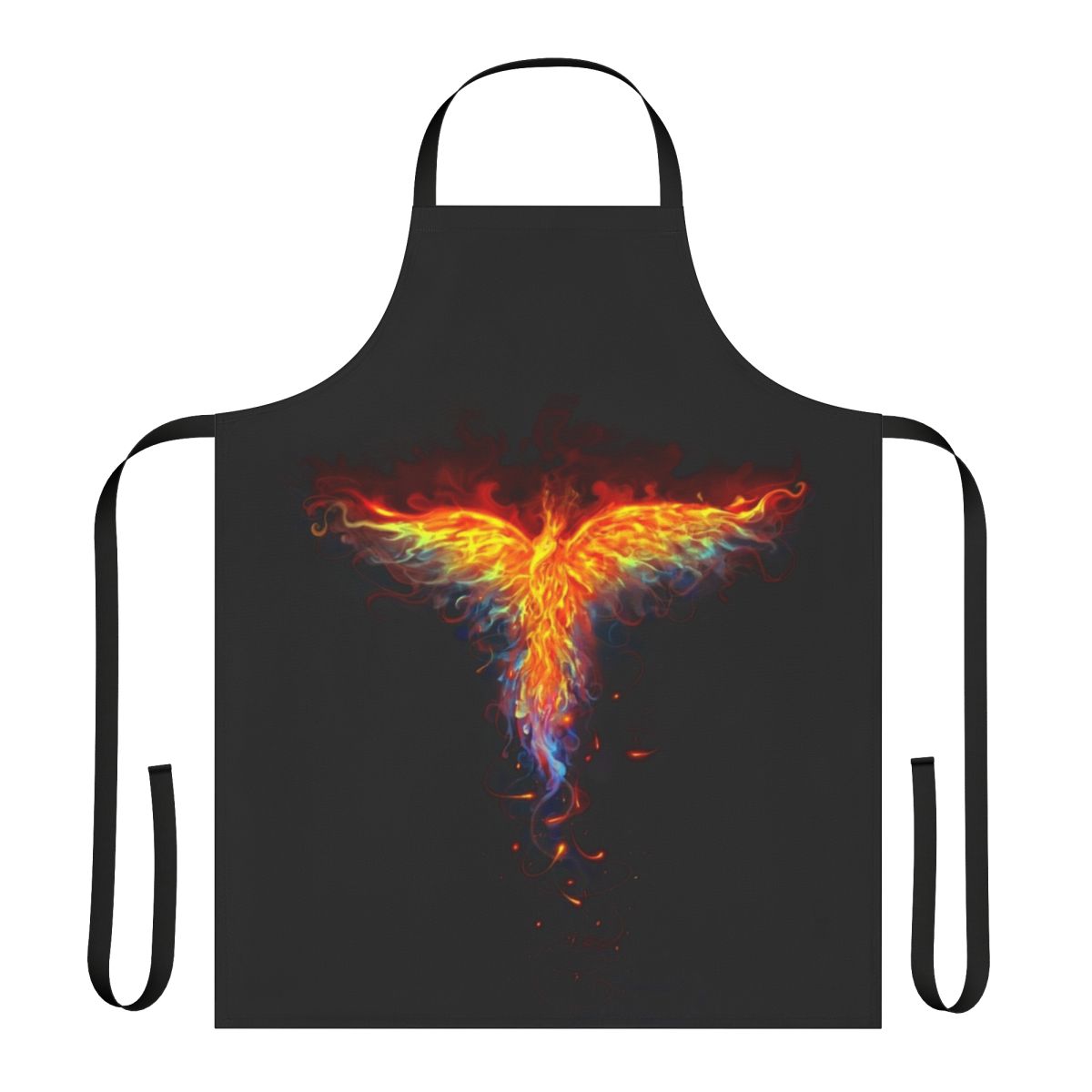 A vibrant illustration of the legendary phoenix bird, with fiery flames and feathers, featured on a high-quality apron.