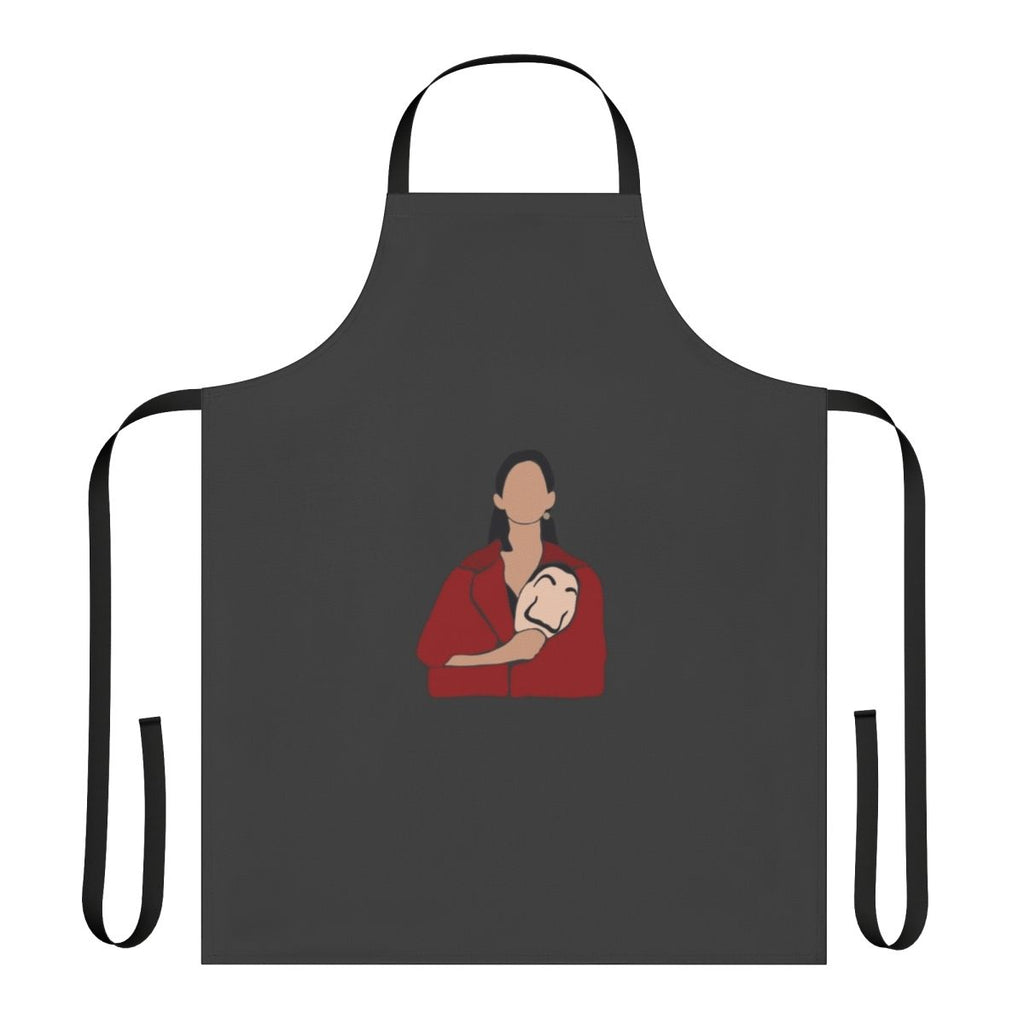 A black and white apron with a cut-out Nairobi design, inspired by the popular Netflix series Money Heist.