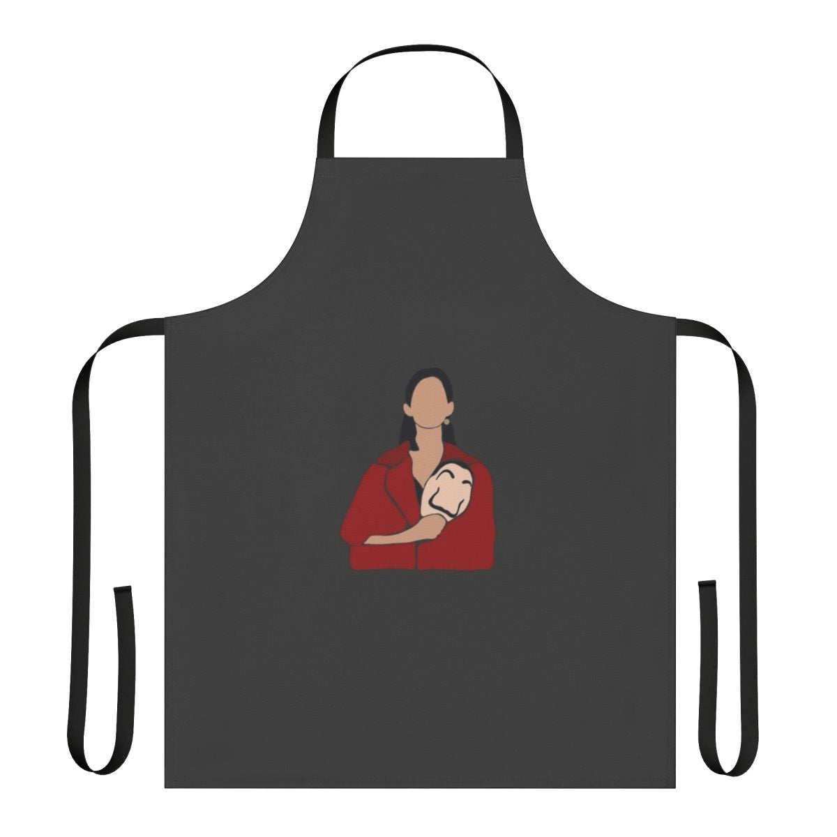 A black and white apron with a cut-out Nairobi design, inspired by the popular Netflix series Money Heist.