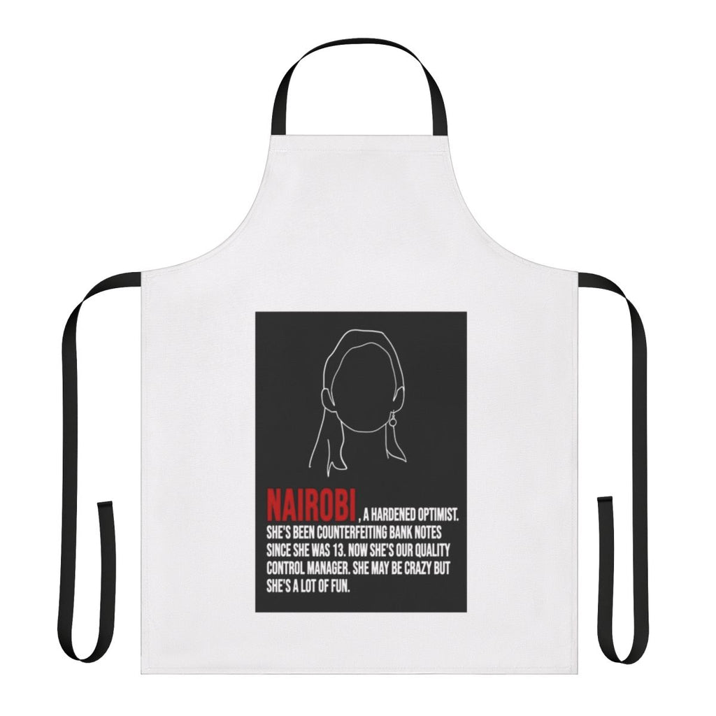 Apron featuring lineart design and quotes inspired by the popular TV series Money Heist and the character Nairobi.