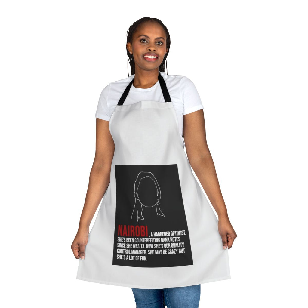 Apron featuring lineart design and quotes inspired by the popular TV series Money Heist and the character Nairobi.