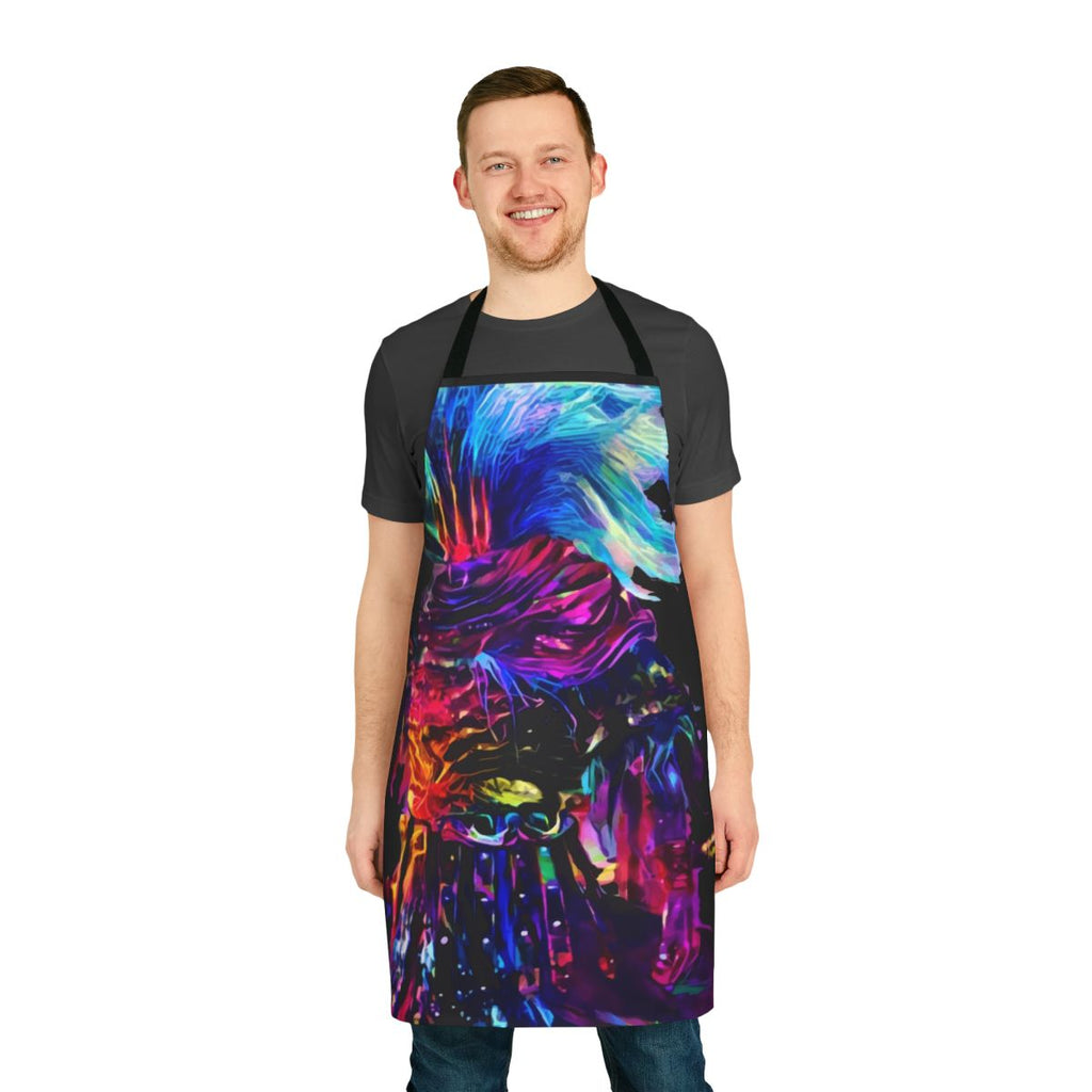 Nameless dark fantasy warrior apron with synthwave design, perfect for gamers and RPG enthusiasts.