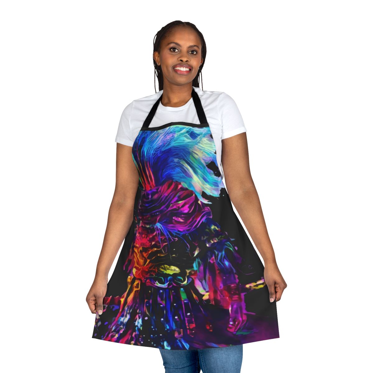Nameless dark fantasy warrior apron with synthwave design, perfect for gamers and RPG enthusiasts.