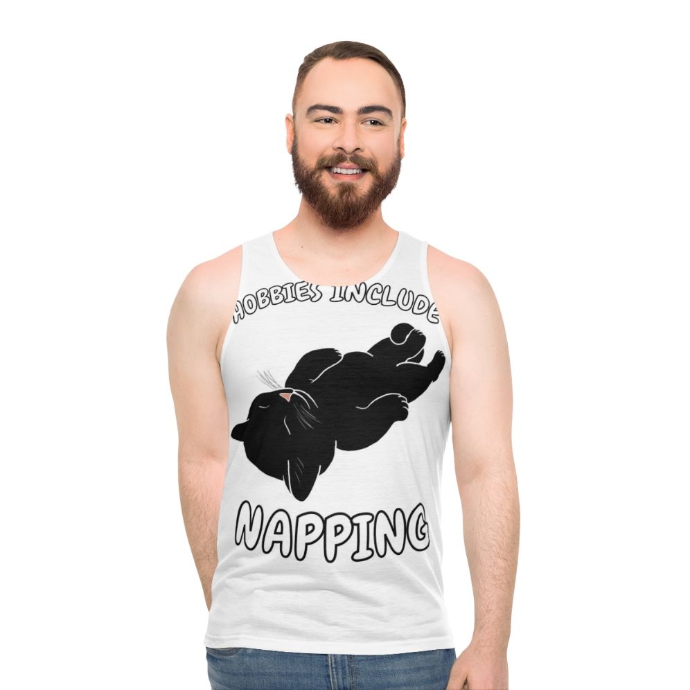 Unisex tank top with a black cat napping graphic