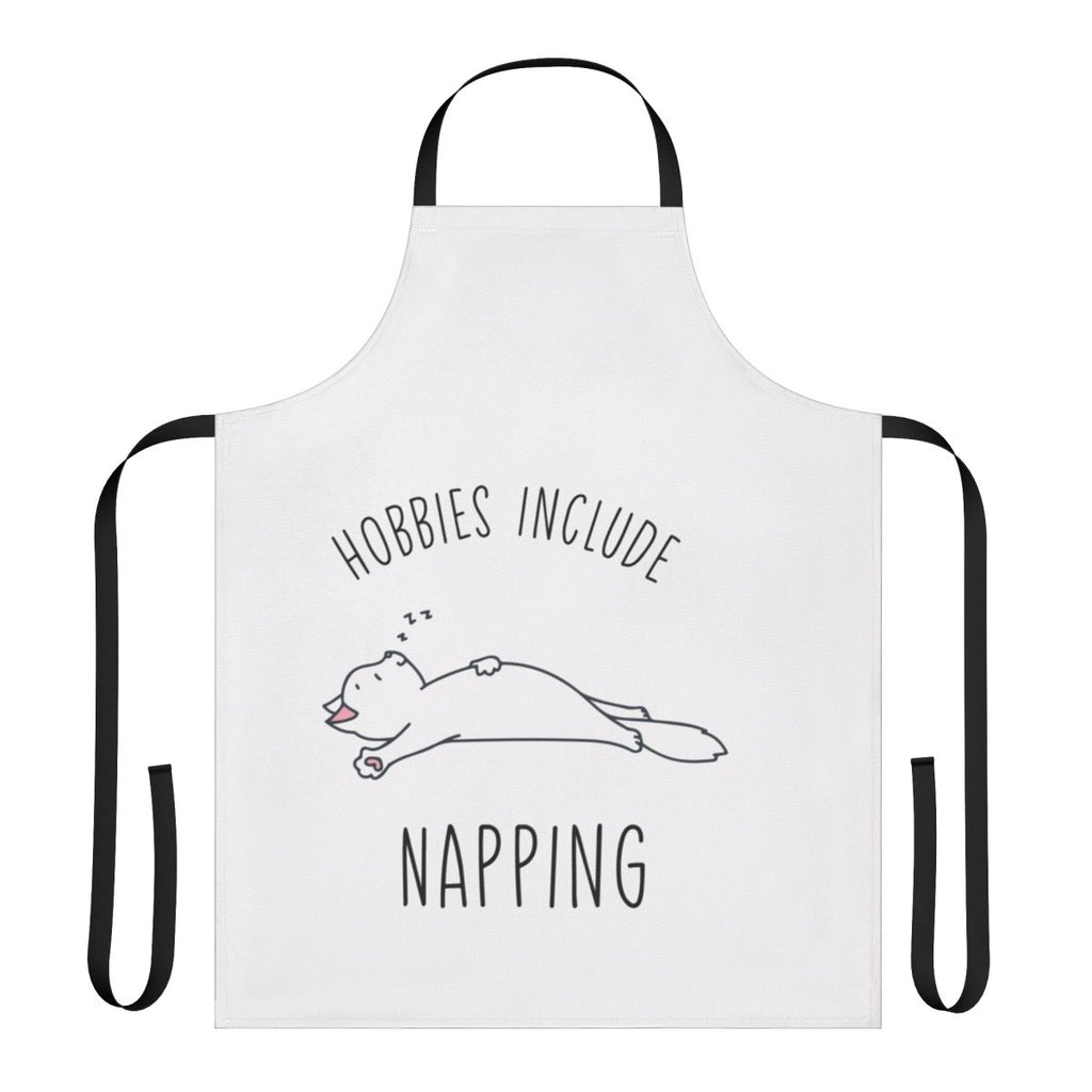 A playful apron with the text "Hobbies Include Napping" printed on it, perfect for the casual napping aficionado.