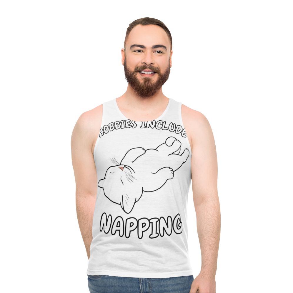 White cat napping unisex tank top