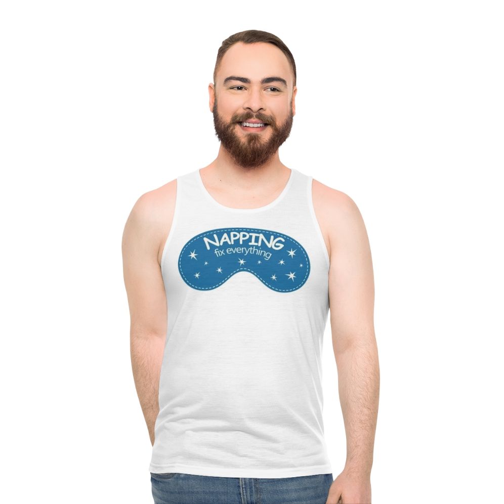 Unisex napping tank top featuring inspirational "Naps Fix Everything" quote