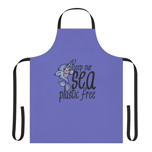 Narwhal-patterned apron with the text "Keep Our Sea Plastic Free"