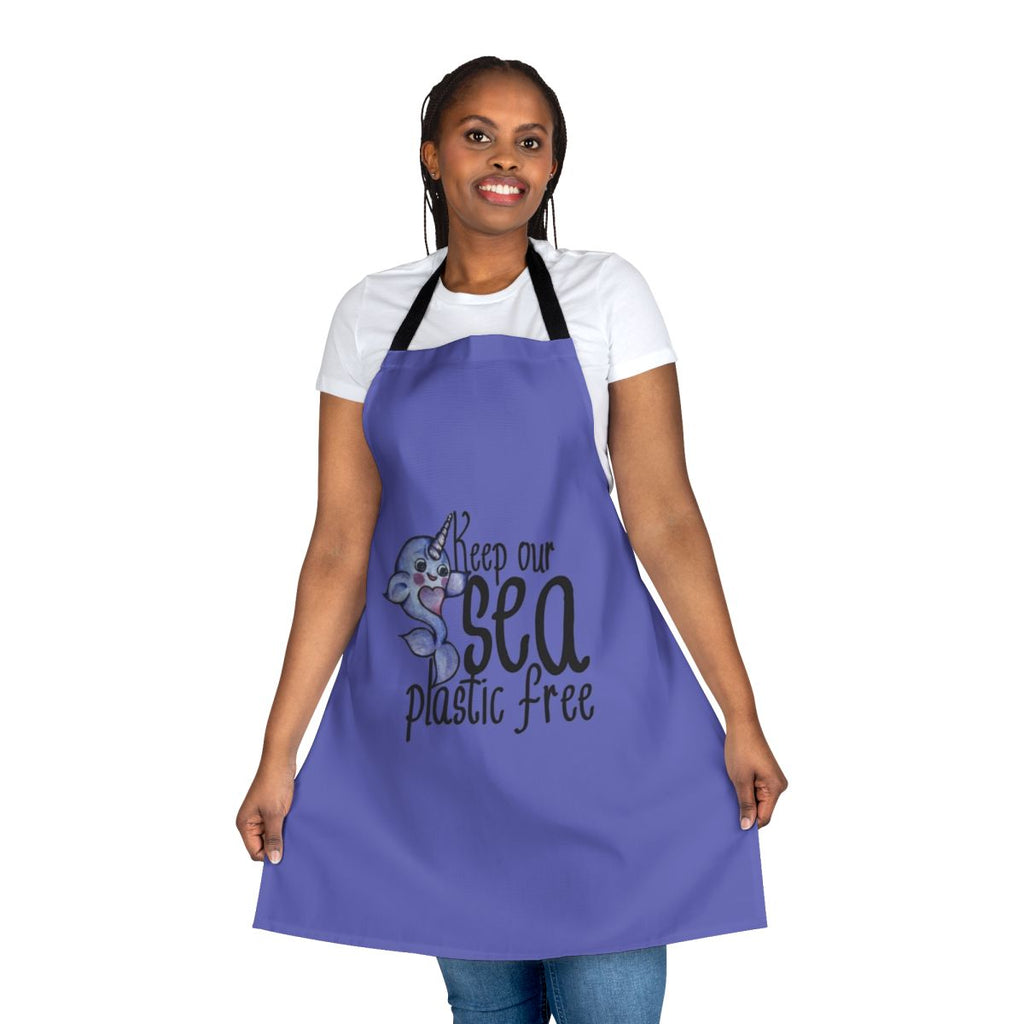 Narwhal-patterned apron with the text "Keep Our Sea Plastic Free"