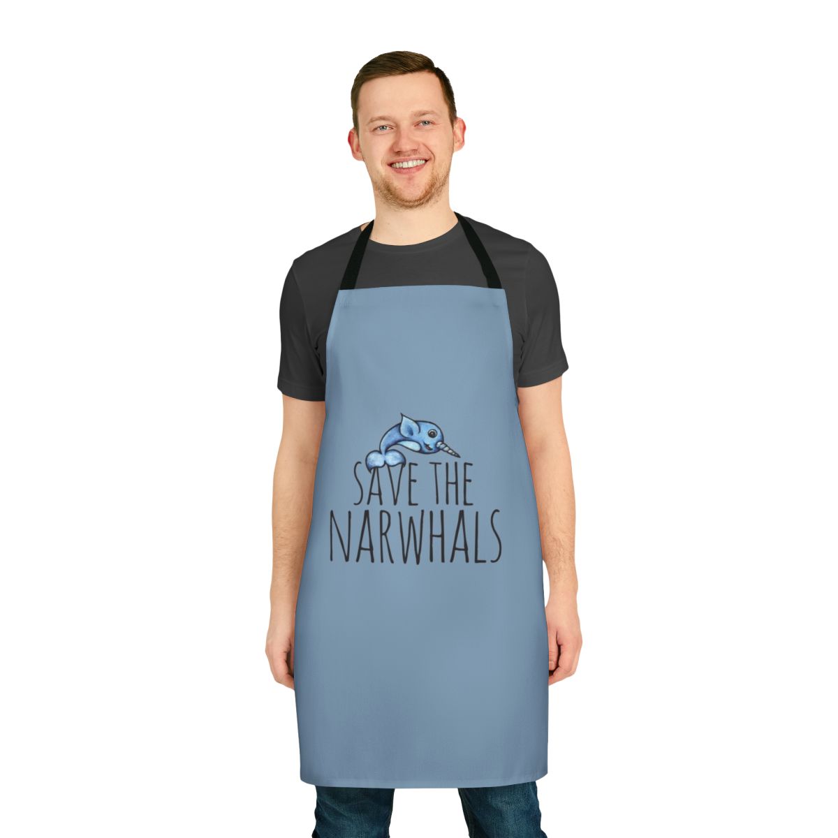Apron with a colorful narwhal design to raise awareness for saving these unique marine creatures.