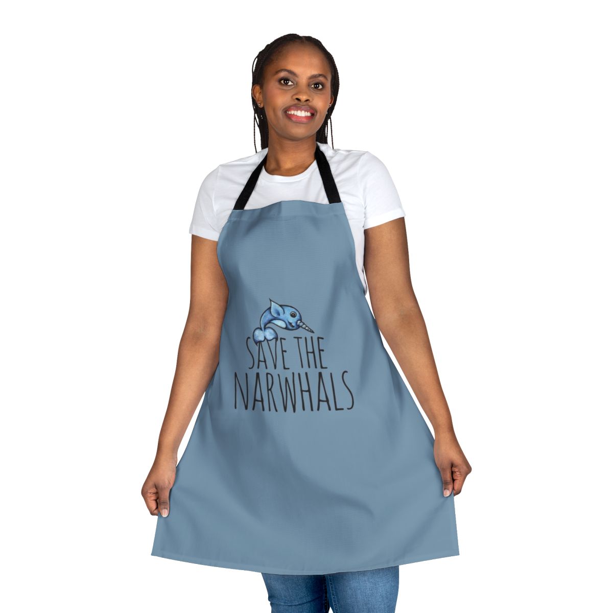 Apron with a colorful narwhal design to raise awareness for saving these unique marine creatures.