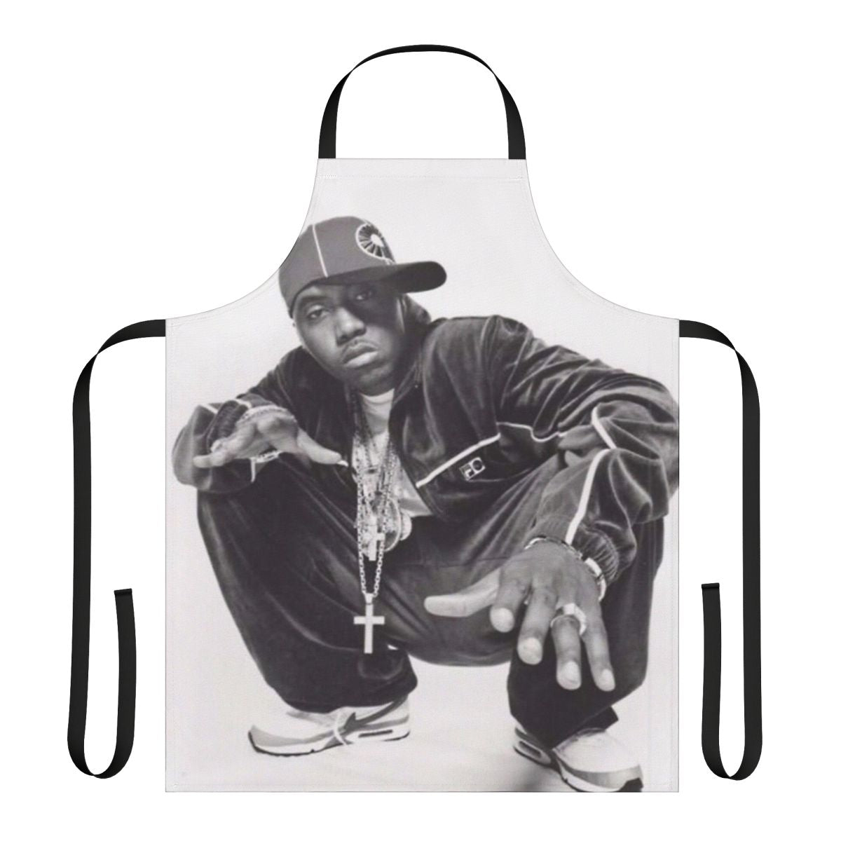 Nas-inspired photoshoot apron with urban, hip hop aesthetic design