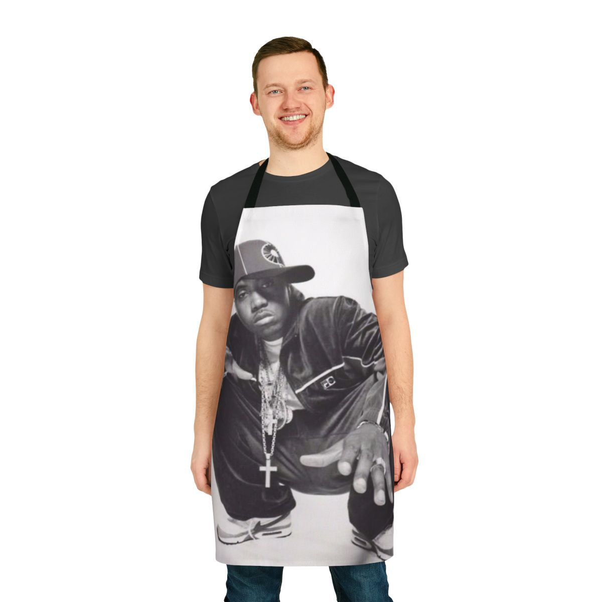 Nas-inspired photoshoot apron with urban, hip hop aesthetic design