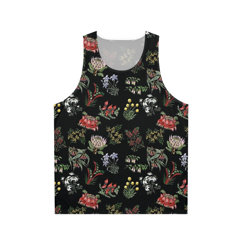 Unisex tank top with native Australian flower lino print design