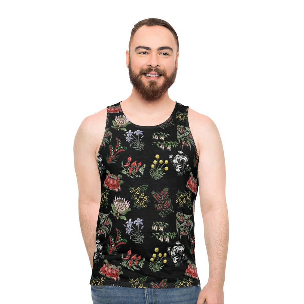 Unisex tank top with native Australian flower lino print design