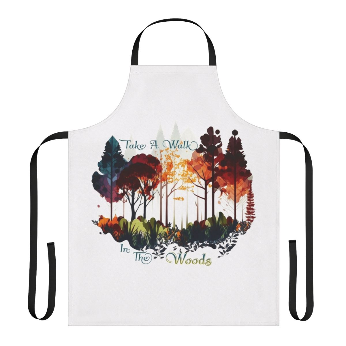 Model wearing a nature-themed apron while walking in a forest