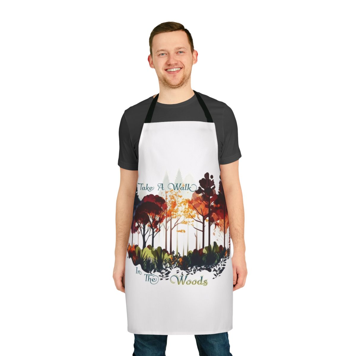 Model wearing a nature-themed apron while walking in a forest