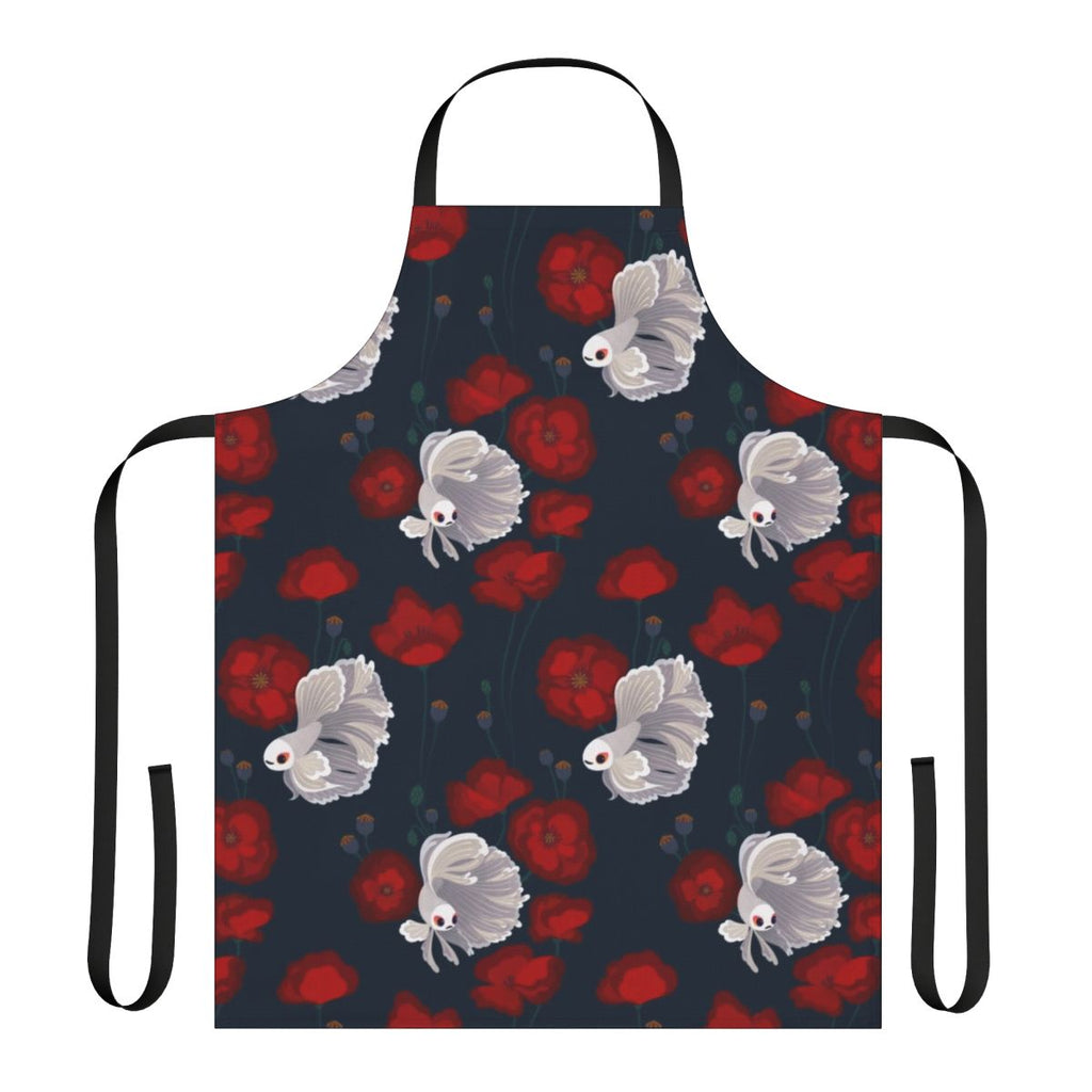Vibrant apron with a betta fish and poppy flower design, perfect for the kitchen or gardening