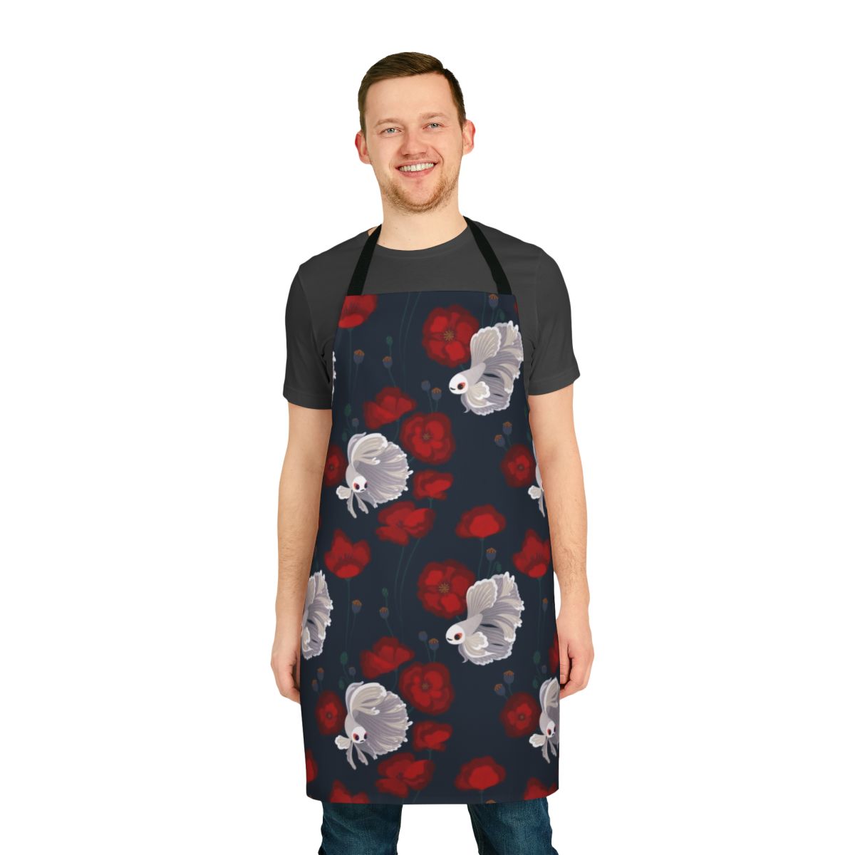 Vibrant apron with a betta fish and poppy flower design, perfect for the kitchen or gardening