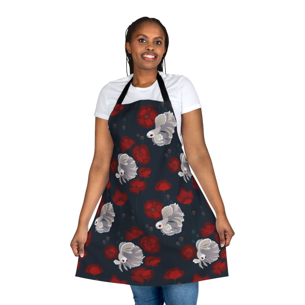 Vibrant apron with a betta fish and poppy flower design, perfect for the kitchen or gardening