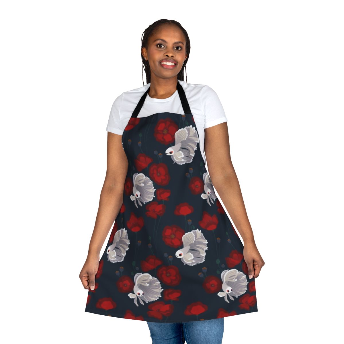Vibrant apron with a betta fish and poppy flower design, perfect for the kitchen or gardening