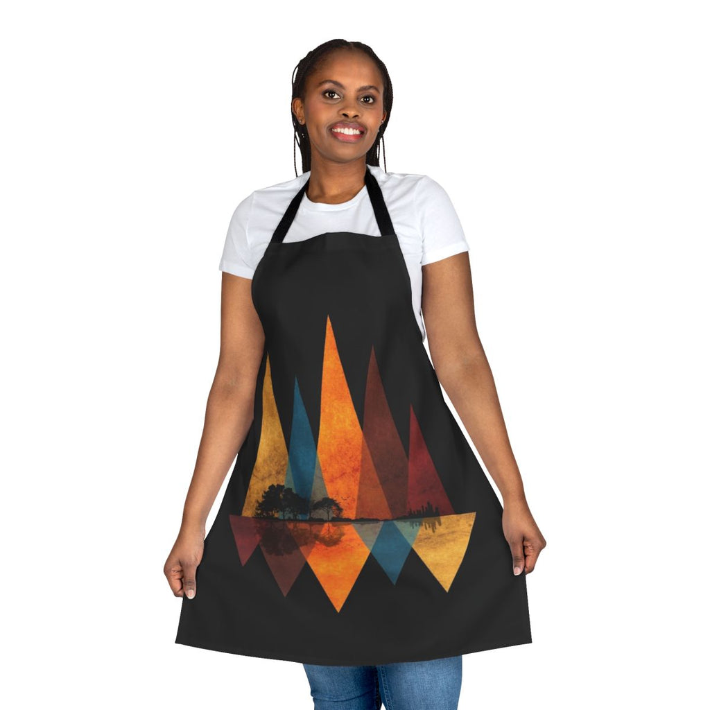 Nature-inspired guitar apron featuring a silhouetted guitar design against a landscape of trees, water, and birds