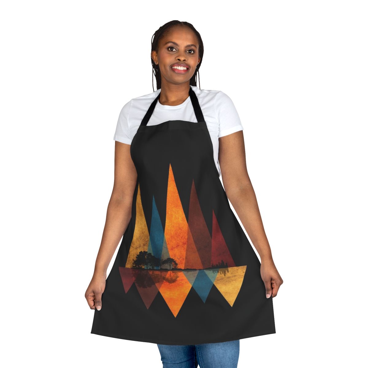 Nature-inspired guitar apron featuring a silhouetted guitar design against a landscape of trees, water, and birds