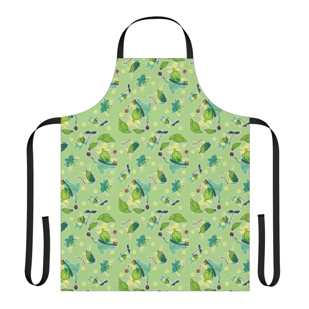 A green apron with a botanical Korok pattern, perfect for Zelda fans.
