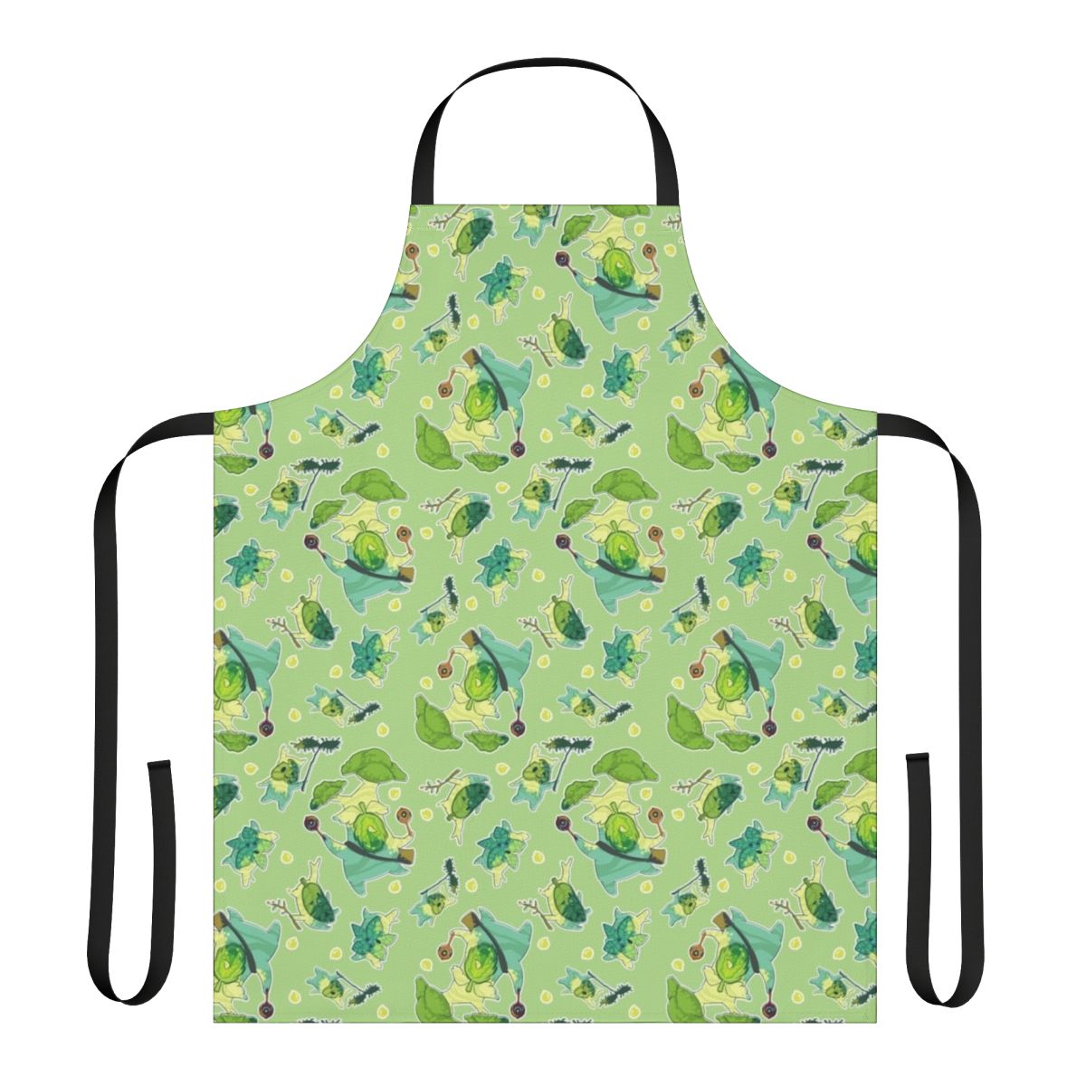 A green apron with a botanical Korok pattern, perfect for Zelda fans.