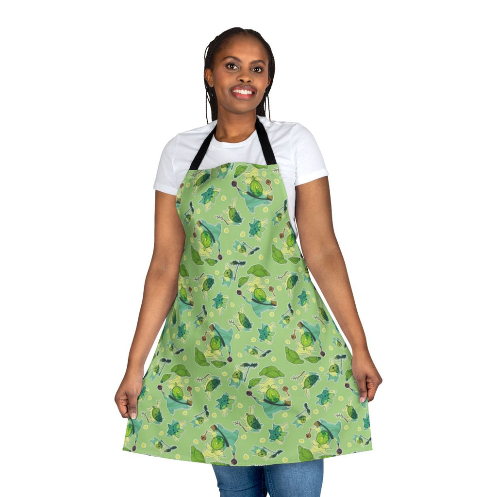 A green apron with a botanical Korok pattern, perfect for Zelda fans.