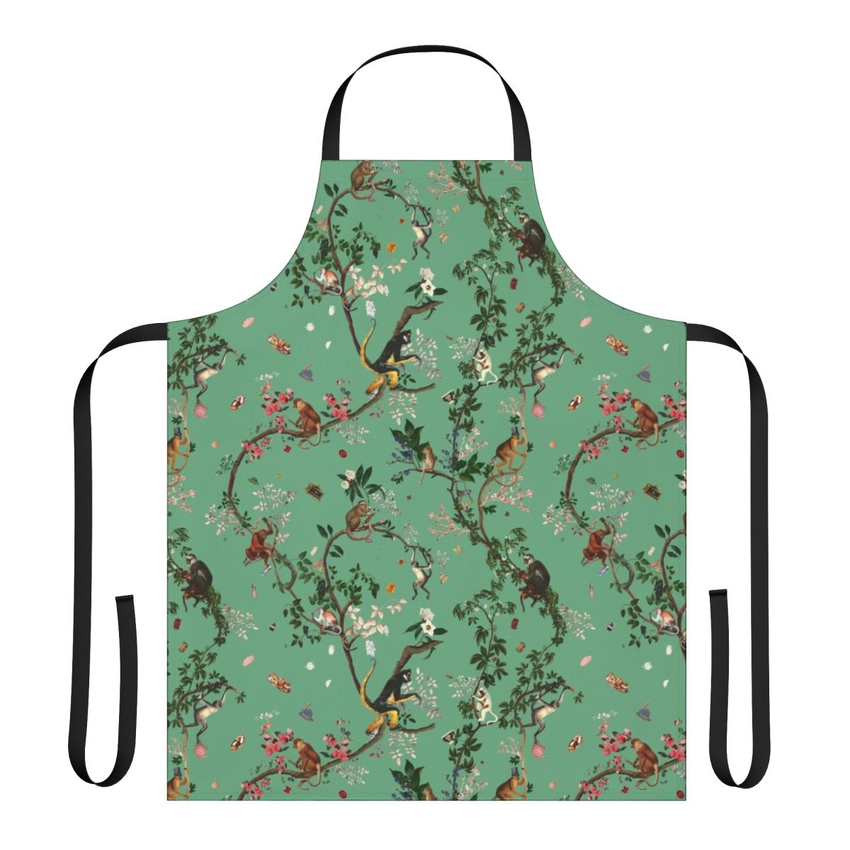 Lively and vibrant green apron featuring a monkey-themed floral design, perfect for the eco-conscious kitchen.