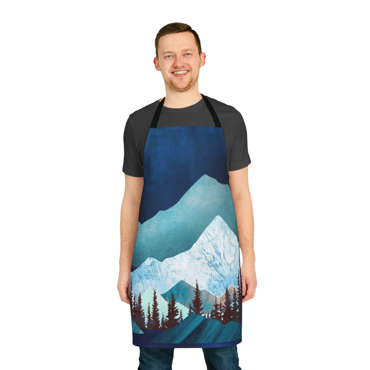 Vibrant and modern apron featuring a moon-themed abstract landscape design