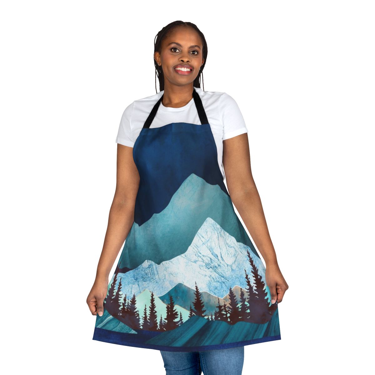 Vibrant and modern apron featuring a moon-themed abstract landscape design