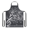 An apron featuring a nature-inspired design with musical notes and elements