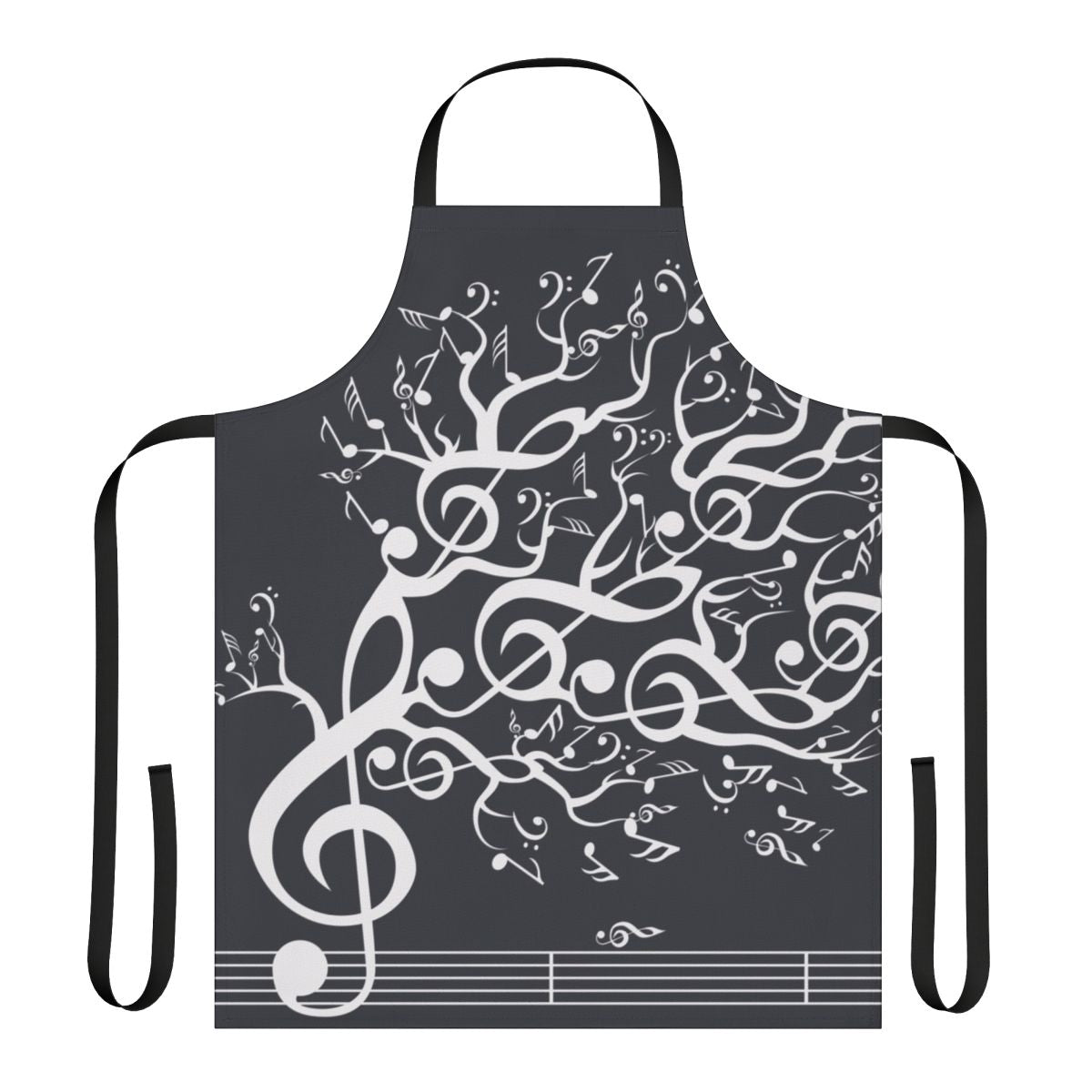 An apron featuring a nature-inspired design with musical notes and elements