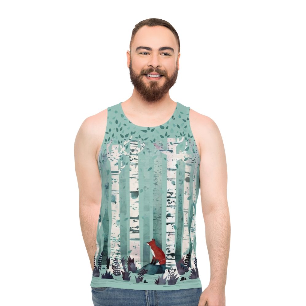 Unisex tank top with watercolor forest design