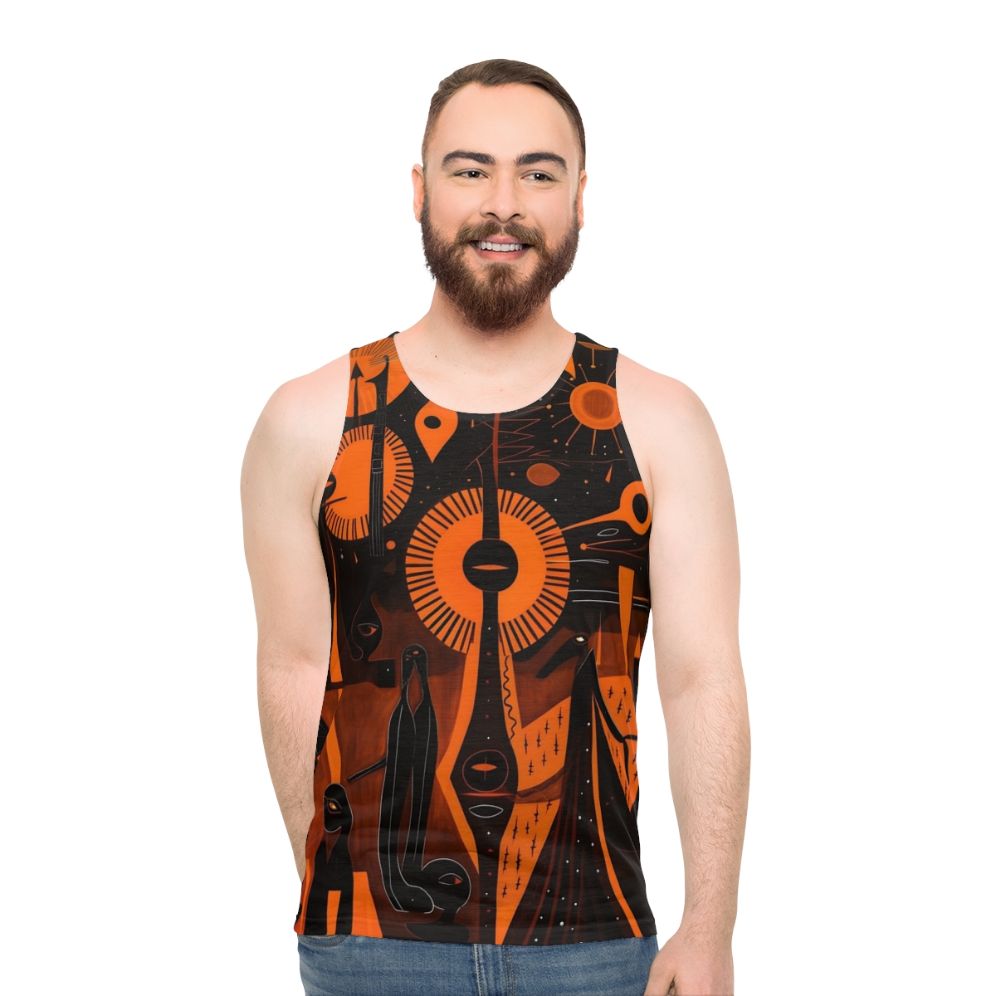 Unisex tank top with nature-inspired woodcut artwork featuring ancient spiritual symbols