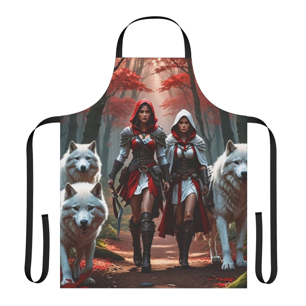 A high-quality women's apron featuring a wolf print design in red and white, perfect for the outdoors and kitchen.