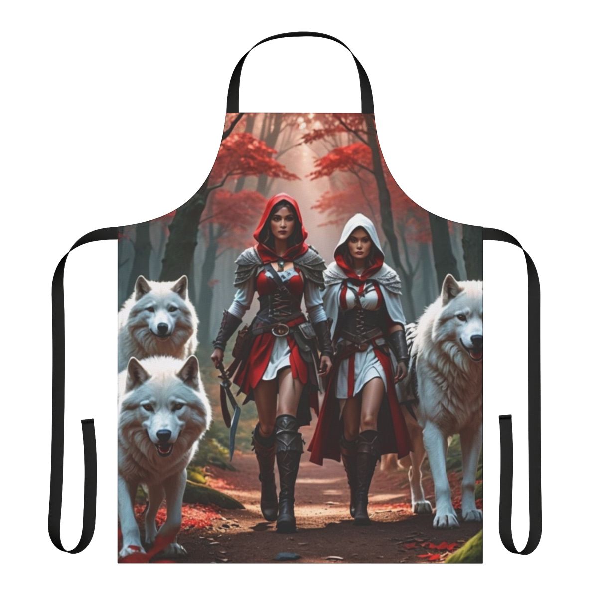 A high-quality women's apron featuring a wolf print design in red and white, perfect for the outdoors and kitchen.