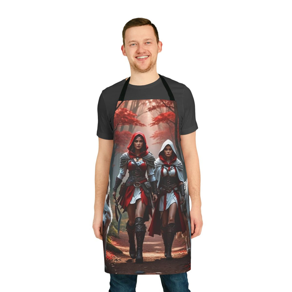 A high-quality women's apron featuring a wolf print design in red and white, perfect for the outdoors and kitchen.