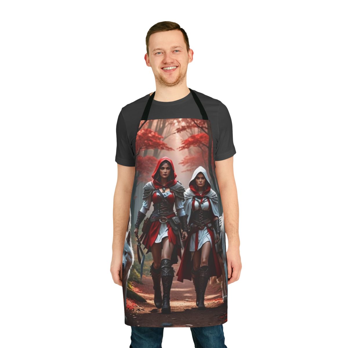 A high-quality women's apron featuring a wolf print design in red and white, perfect for the outdoors and kitchen.