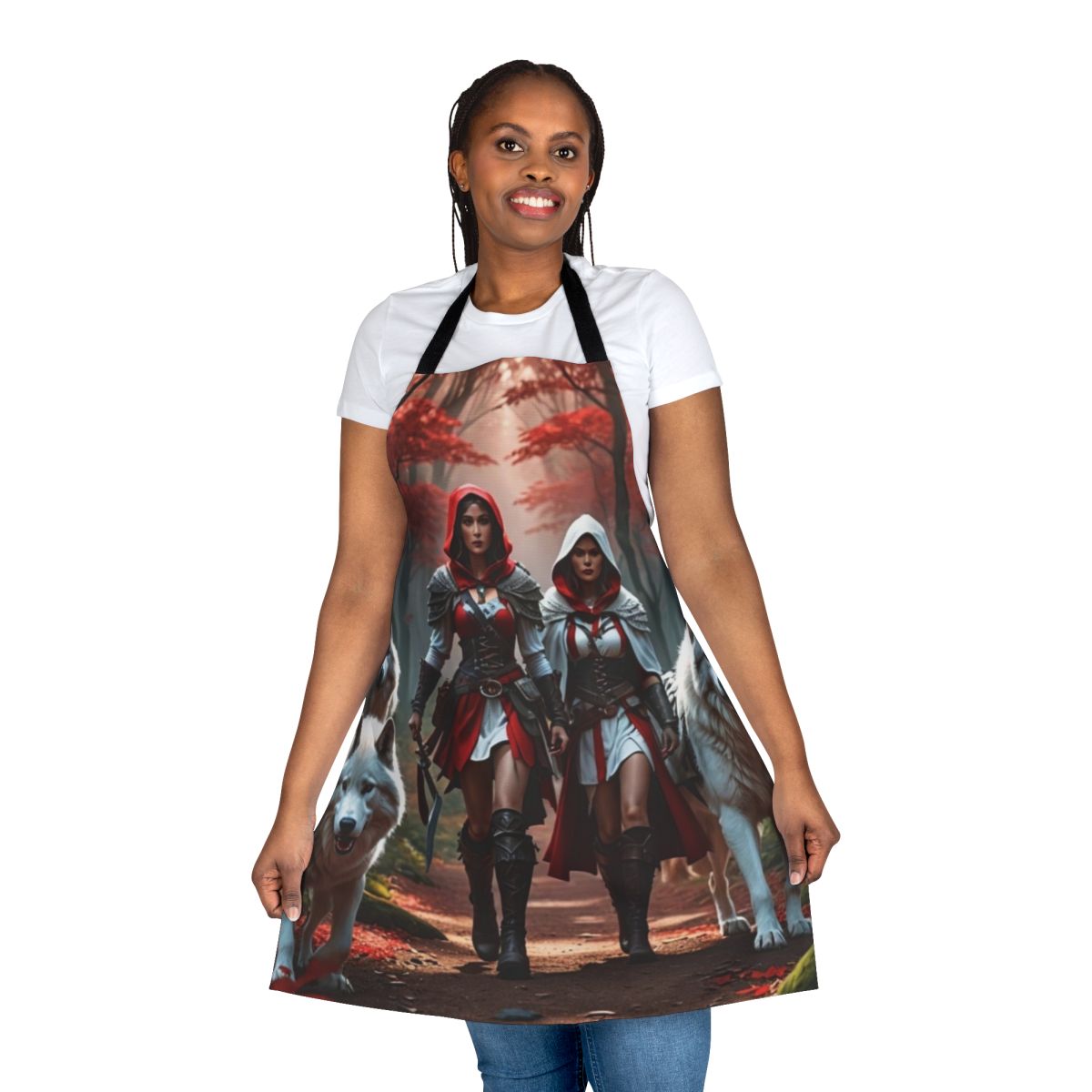 A high-quality women's apron featuring a wolf print design in red and white, perfect for the outdoors and kitchen.