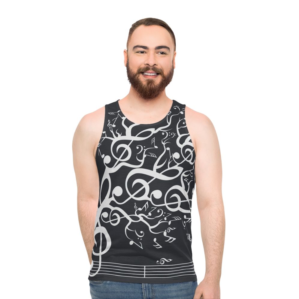 White unisex tank top with nature and music design