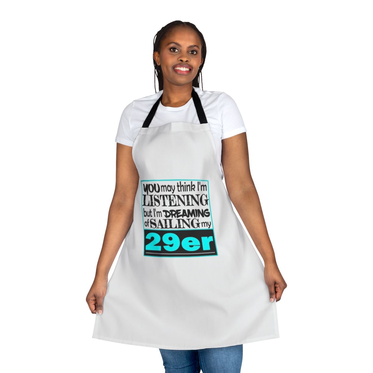 A blue 29er sailing apron with a nautical design