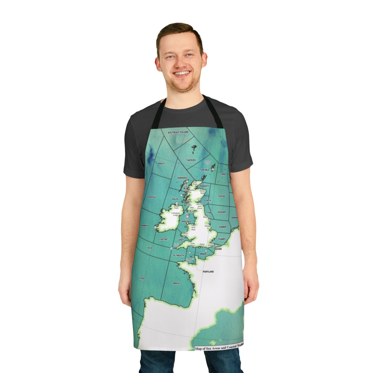 Apron featuring a detailed map of the UK shipping forecast areas