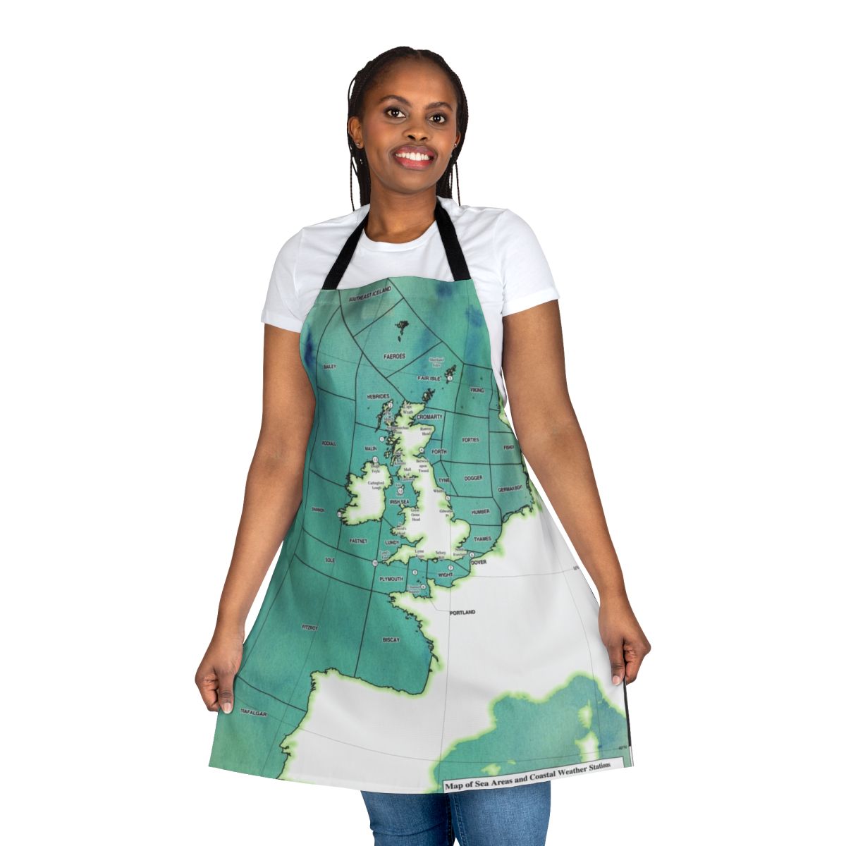 Apron featuring a detailed map of the UK shipping forecast areas