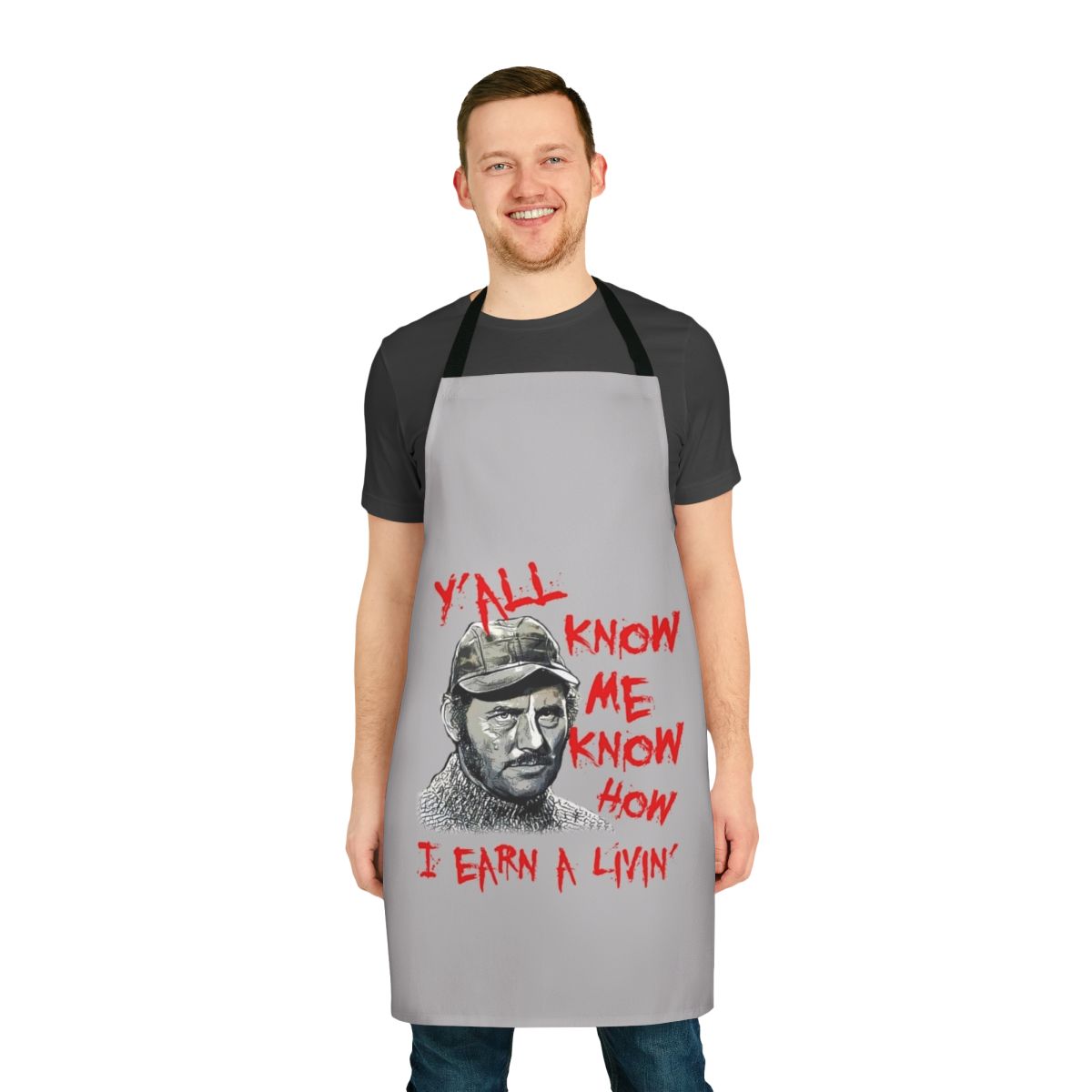 Jaws-themed apron with nautical design and fisherman quotes