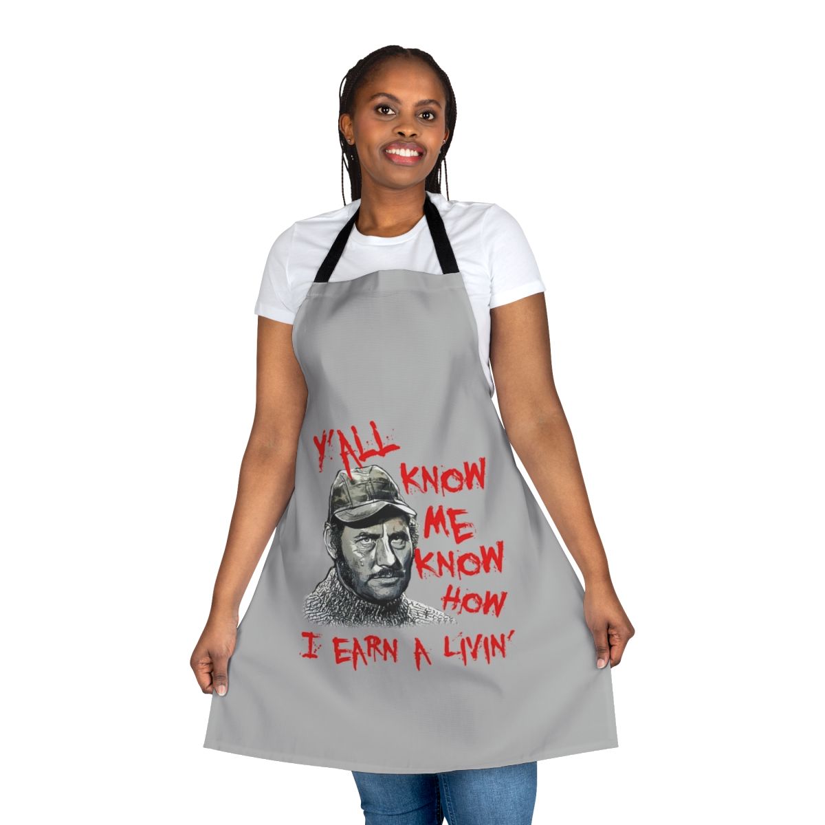 Jaws-themed apron with nautical design and fisherman quotes